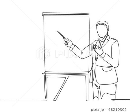 One single line drawing of young manager holding a tablet during business presentation at the office One single line drawing of young manager holding a tablet during business presentation at the office 68210302