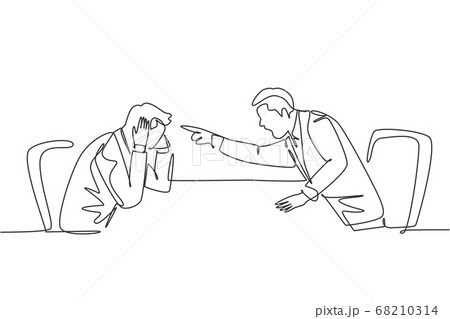 One single line drawing of young furious manager pointing finger to his frustrated staff and blaming the staff about bad work performance 68210314
