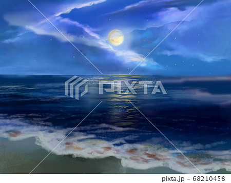 夜空に輝く星漂う雲と月と海に反射する月光のイラスト素材