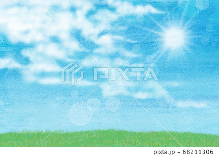 青空 草原 雲 太陽光 水彩のイラスト素材