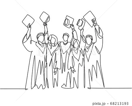 One single line drawing of group of male and female college student lift up their cap to the air to celebrate their school graduation 68213193