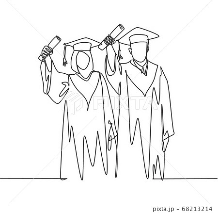 One continuous line drawing of young happy couple college student proud to show their graduation letter to celebrate their graduate One continuous line drawing of young happy couple college student proud to show their graduation letter to celebrate their graduate 68213214
