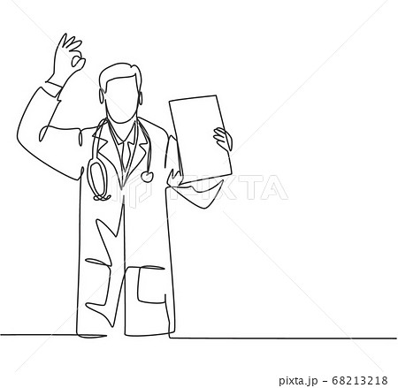 One single line drawing of young happy male doctor showing medical to do list task on clipboard and giving good hand gesture One single line drawing of young happy male doctor showing medical to do list task on clipboard and giving good hand gesture 68213218