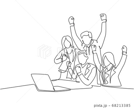 One continuous line drawing of young happy male start up CEO and his subordinates celebrating their success achieve the business target 68213385