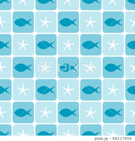 魚とヒトデのシームレスパターン 青い魚 モザイクタイルのイラスト素材