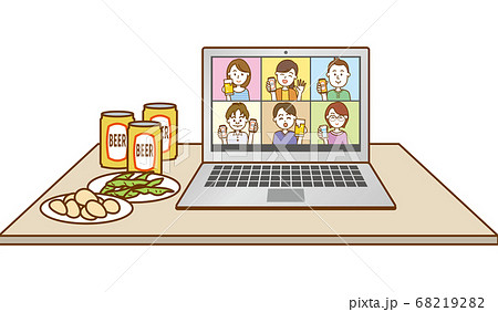 オンライン飲み会をしているノートパソコンが卓上にあるイメージイラスト オンライン飲み会をしているノートパソコンが卓上にあるイメージイラスト 68219282
