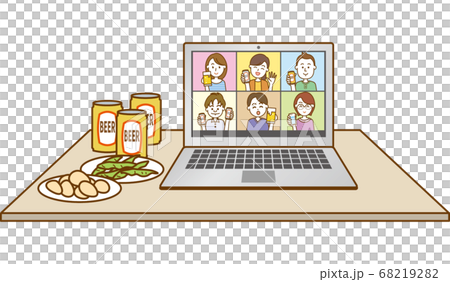 オンライン飲み会をしているノートパソコンが卓上にあるイメージイラスト オンライン飲み会をしているノートパソコンが卓上にあるイメージイラスト 68219282