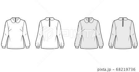 Round collar blouse technical fashion illustration with loose silhouette, long sleeve, back button-fastening keyhole. 68219736