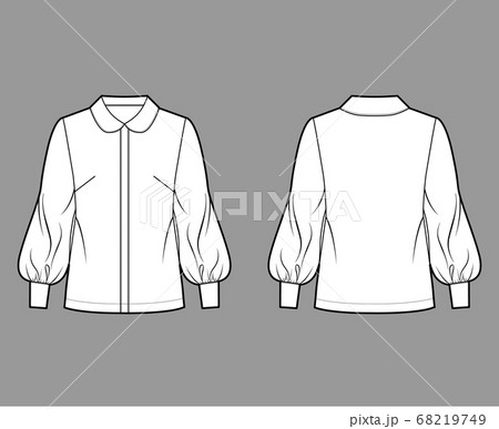 Long bishop sleeve shirt technical fashion illustration with round collar, front button-fastening, loose silhouette Long bishop sleeve shirt technical fashion illustration with round collar, front button-fastening, loose silhouette 68219749