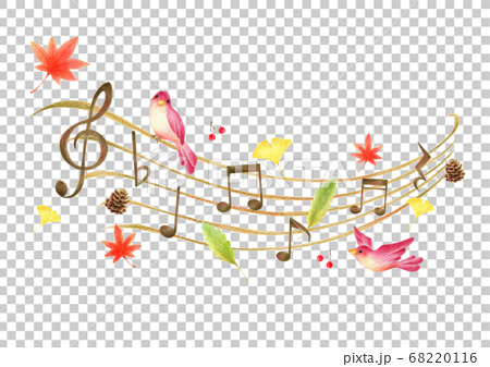 秋イメージの音符と5線符の手描き色鉛筆画のイラストのイラスト素材 6116