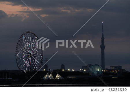葛西臨海公園のライトアップした観覧車と東京スカイツリーの写真素材