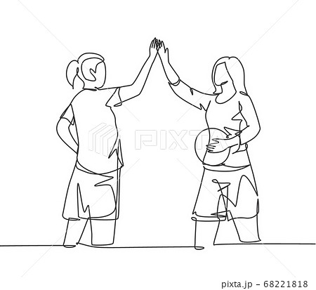One line drawing of young happy women giving high five gesture before playing basket ball at outfield court 68221818