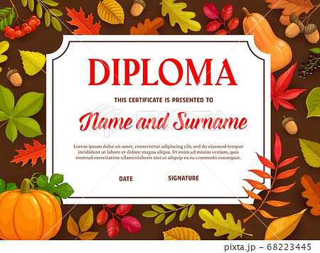 Kids diploma, certificate with autumn leaves. 68223445