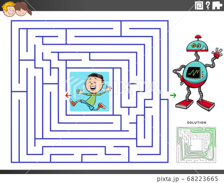 maze educational game with boy and toy robot 68223665