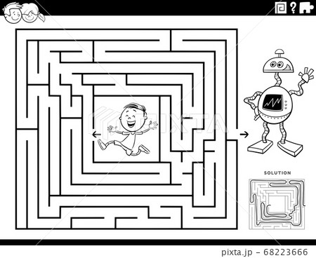 maze game with boy and toy robot coloring book 68223666