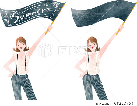 夏のスタート 旗を持った女の子のイラスト素材