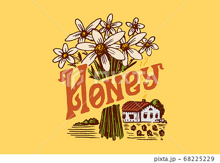 Honey and bees. Vintage logo for typography, shop or signboards. Badge for t-shirts. Hand Drawn 68225229