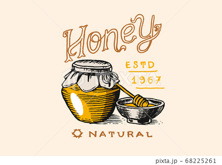 Honey and bees. Vintage logo for typography, shop or signboards. Badge for t-shirts. Hand Drawn 68225261