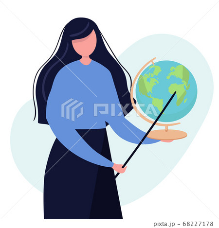 Young female teacher on lesson with globe. Teacher with pointer, teacher showing on board. flat. Vector illustration. 68227178