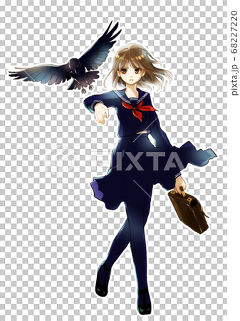 セーラー服の女の子とカラス:白背景 セーラー服の女の子とカラス:白背景 68227220