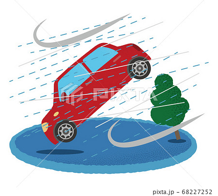 台風の被害に遭う赤い自動車のベクターイラスト 68227252