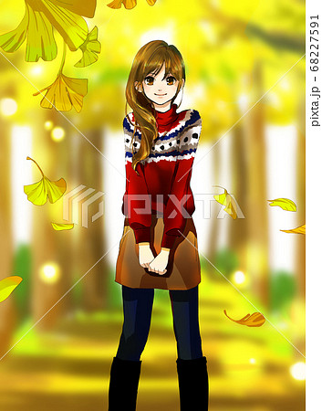 銀杏並木にいる赤いセーターの女の子のイラスト素材
