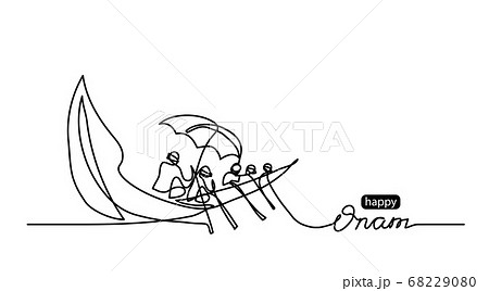 Happy Onam simple vector background with boat. Minimal black and white doodle, sketch illustration. One continuous line drawing with lettering Happy Onam 68229080