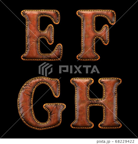 Set of leather letters E, F, G, H uppercase. 3D render font with skin texture isolated on black background. Set of leather letters E, F, G, H uppercase. 3D render font with skin texture isolated on black background. 68229422