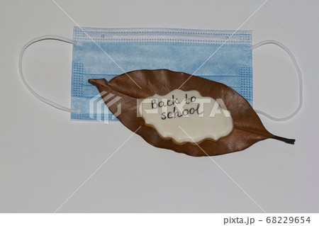 Medical mask, autumn leaf and cookie with the inscription back to school isolated on a white background, educatio concept 68229654