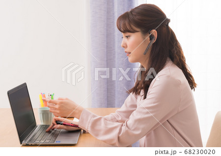 テレワークでノートPCを使ってWEB会議する若い女性 テレワークでノートPCを使ってWEB会議する若い女性 68230020