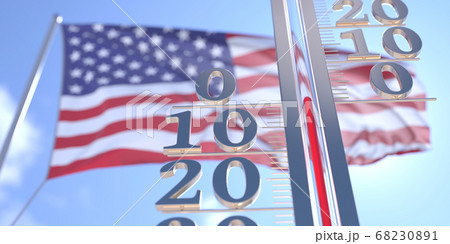 Thermometer shows 0 zero air temperature near waving flag of the USA. Weather forecast conceptual 3D rendering 68230891