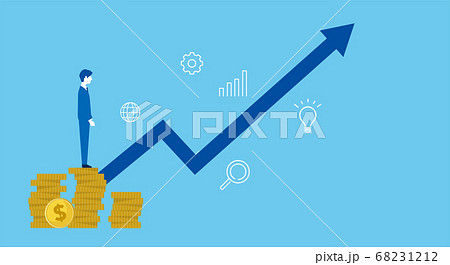 硬貨の上に立つ男性と矢印 投資や売上アップのイメージのイラスト素材