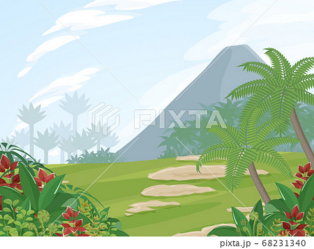 恐竜時代の植物のある風景 ジュラ紀白亜紀 背景イラストのイラスト素材