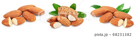 Almonds nuts with leaves isolated on white background with clipping path and full depth of field. Set or collection Almonds nuts with leaves isolated on white background with clipping path and full depth of field. Set or collection 68231382