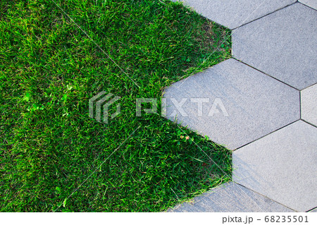 grass and tiles close-up, decorative pattern of the floor in the garden 68235501