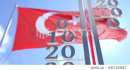 Thermometer shows 0 zero air temperature near waving flag of Turkey. Weather forecast conceptual 3D rendering 68236887