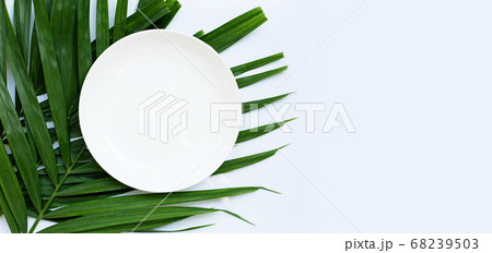 Empty white ceramic plate on tropical palm leaves Empty white ceramic plate on tropical palm leaves 68239503