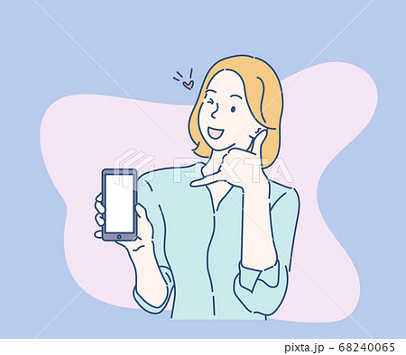 Call me. Girl is holding mobile phone and showing call me sign hands gesture. Hand drawn in thin line style, vector illustrations. 68240065