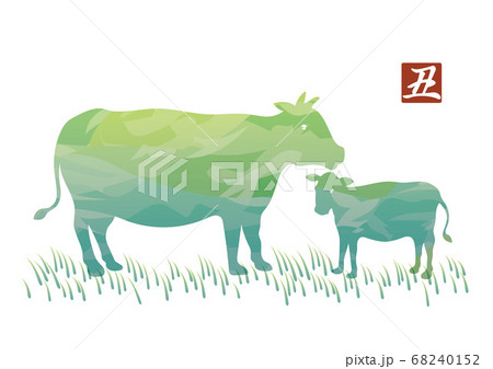 丑年の年賀状素材　水彩風の牛の親子 68240152