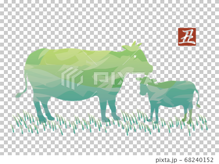 丑年の年賀状素材　水彩風の牛の親子 68240152