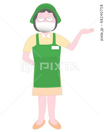 コロナウイルスの感染予防のマスクをしているスーパーマーケットの従業員のポーズ 68240758