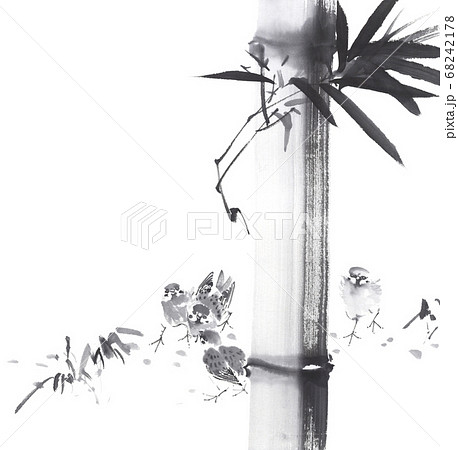 水墨画による竹林で遊ぶ雀のイラスト素材