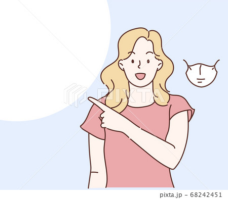 Smiling woman pointing finger at copy space, concept of Suggestions for you. Hand drawn in thin line style, vector illustration. (A Mask can be removable) Smiling woman pointing finger at copy space, concept of Suggestions for you. Hand drawn in thin line style, vector illustration. (A Mask can be removable) 68242451