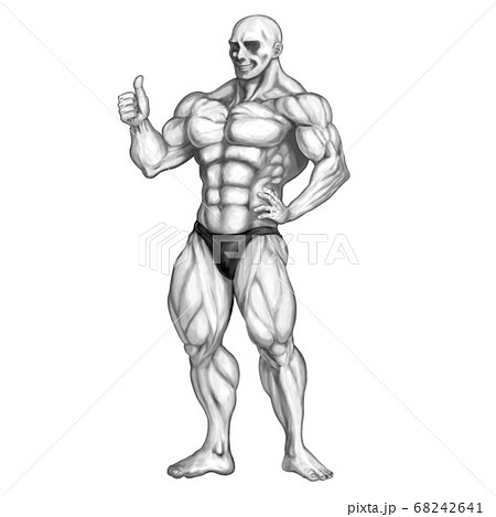 筋骨隆々のスキンヘッド男性 マッチョ がサムズアップをしているのイラスト素材