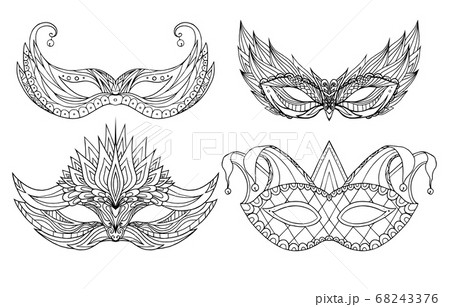 Set of hand-drawn doodle face holiday masks. Festival Mardi Gras 68243376