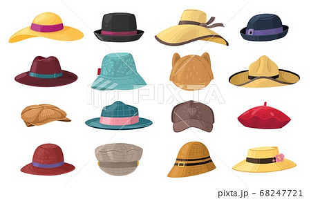 Cartoon hats. Stylish man and woman headwear set, vintage classic and modern head accessory, summer or autumn, gentleman or lady hat, cortoon vector elements 68247721