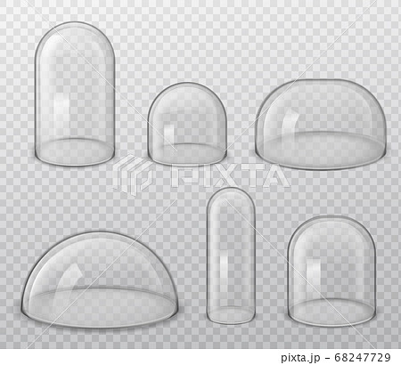 Glass domes. Realistic spherical and hemisphere glossy shape various size, laboratory and exhibition cases, dust cover vector set Glass domes. Realistic spherical and hemisphere glossy shape various size, laboratory and exhibition cases, dust cover vector set 68247729