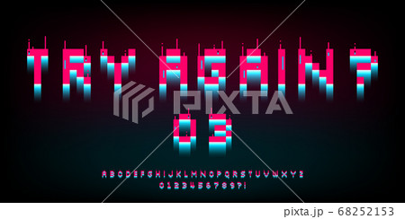 Pixel glitch font. 8 bit distortion letters, numbers and symbols. Retro bright pink and blue game type. Design for typography for games, banner, web. Vector. 68252153