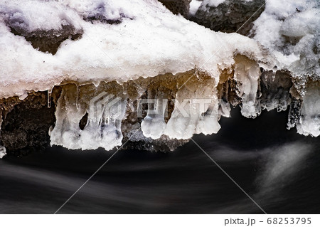 Winter icicles above stream. Frozen water with Winter icicles above stream. Frozen water with 68253795