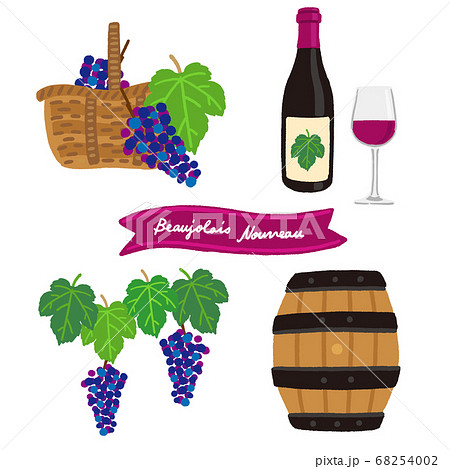 ボジョレーヌーボー ワインとぶどうのセットのイラスト素材